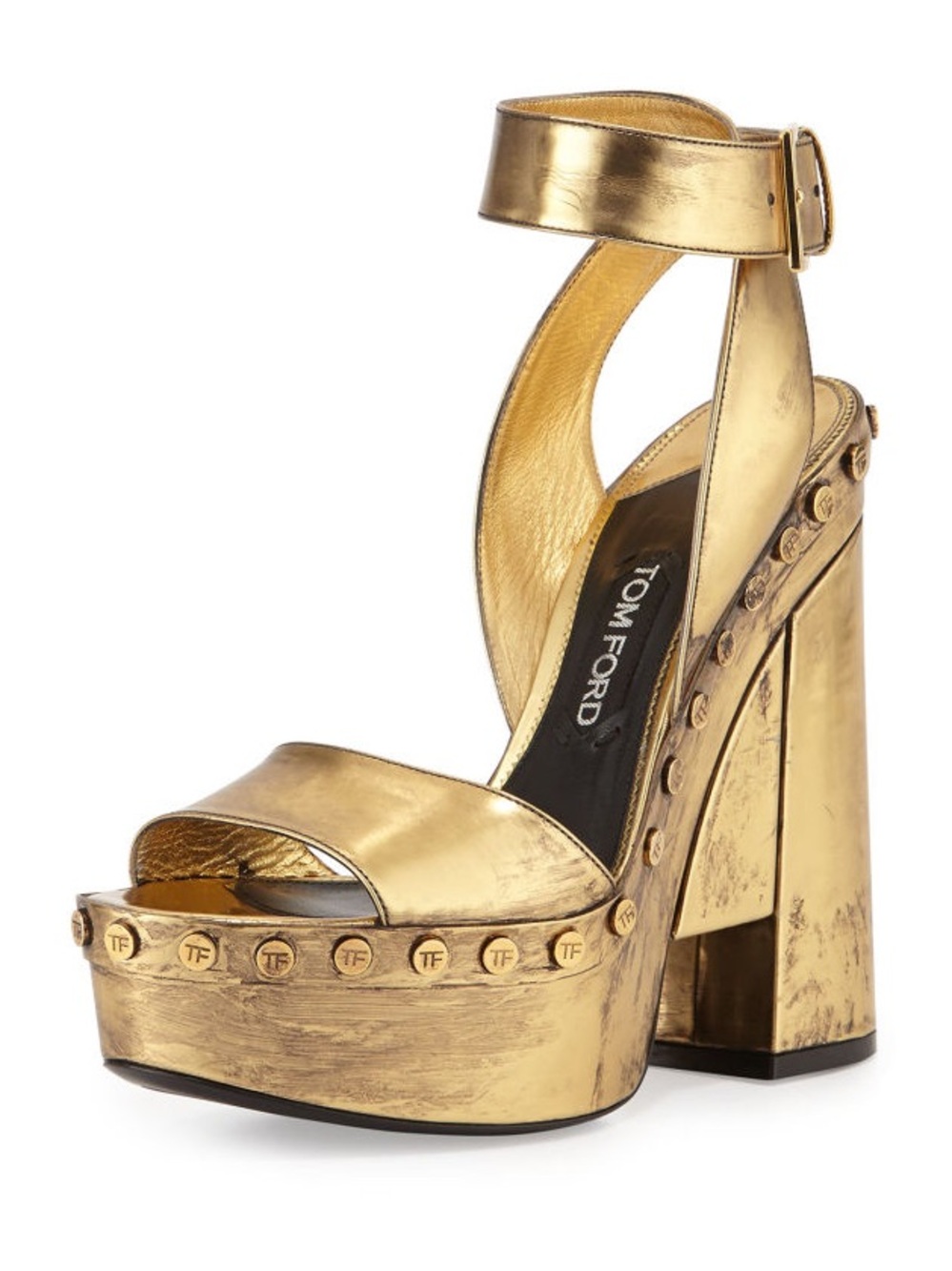 Tom Ford Gold Studded Platform Ankle-Strap Sandals 41
